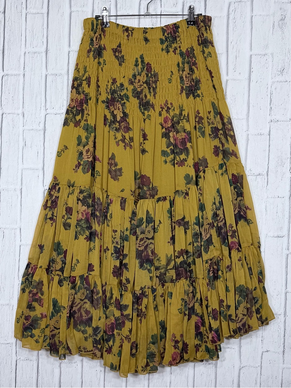 🌹 Free People Mustard Floral Smocked Tiered Midi Skirt Medium NWOT